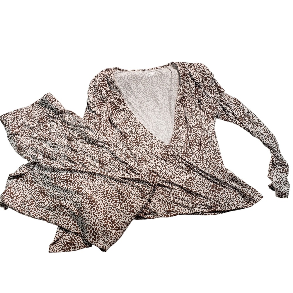Lands' End 2 Piece Lounge Set‎ Womens M/P Brown Animal Print Wrap Top